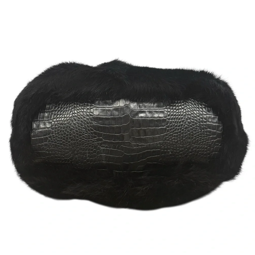Vintage Adrienne Vittadini Black Black Double Handle Rabbit Fur Handbag Purse